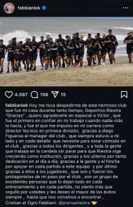 Fabbiani se despidió de Riestra